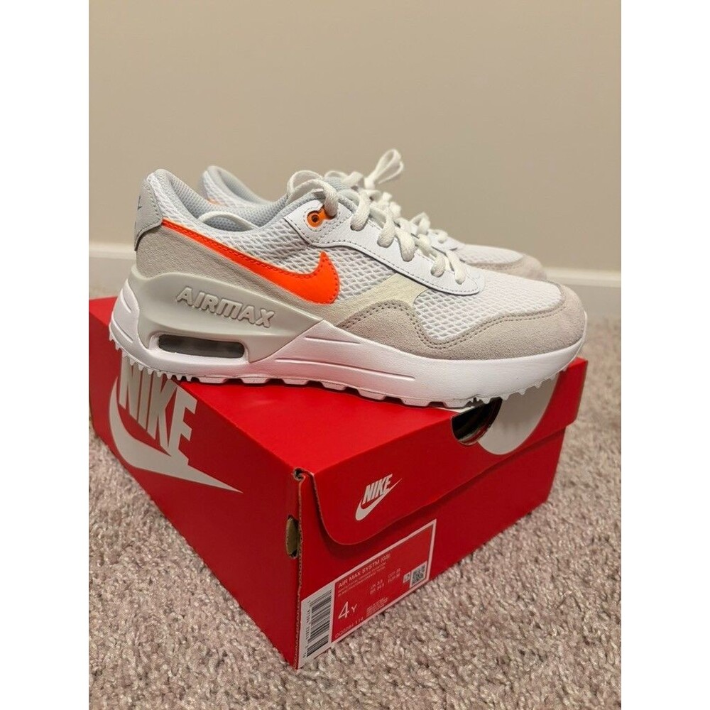 NEW NIKE AIR MAX BIG KIDS (GS) SIZE 4 (WOMEN 6), WHITE/ORANGE/GREY DQ0284-114
